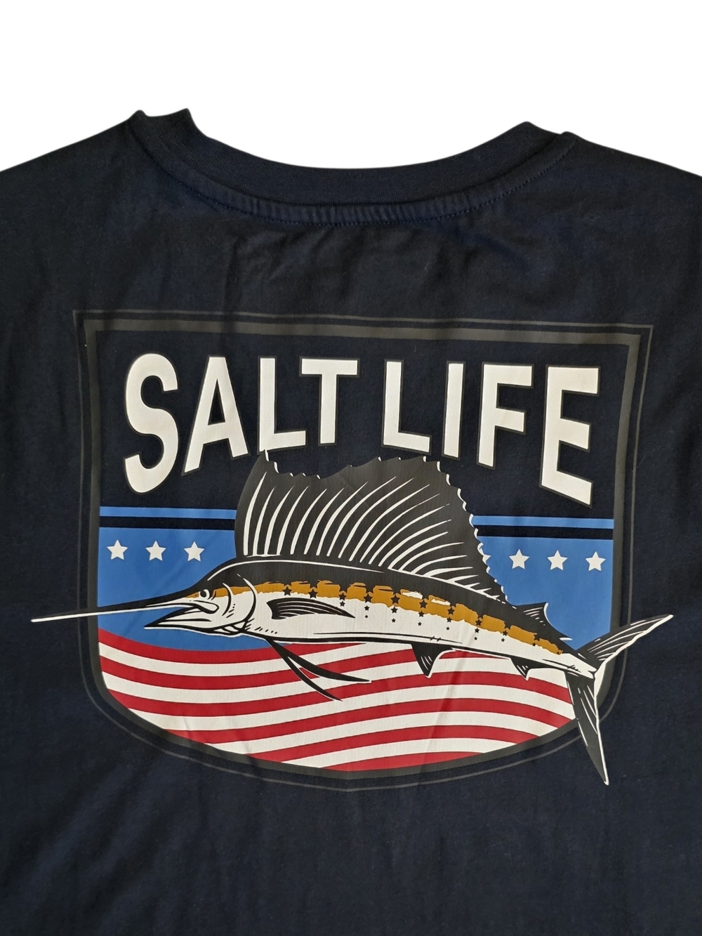 Salt Life XL Dark Navy Blue Patriotic Flag Sailfish Marlin Fishing Outdoor Shirt